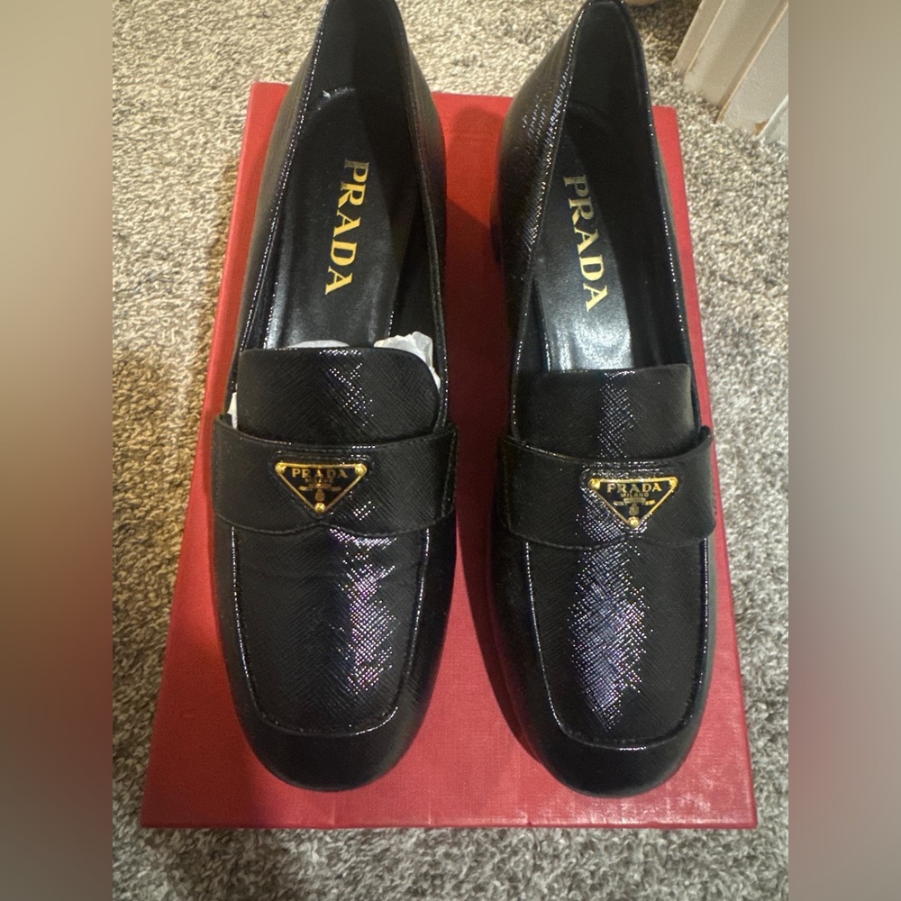 Prada Black Leather Loafers with Gold Accent - Picture 8 of 8